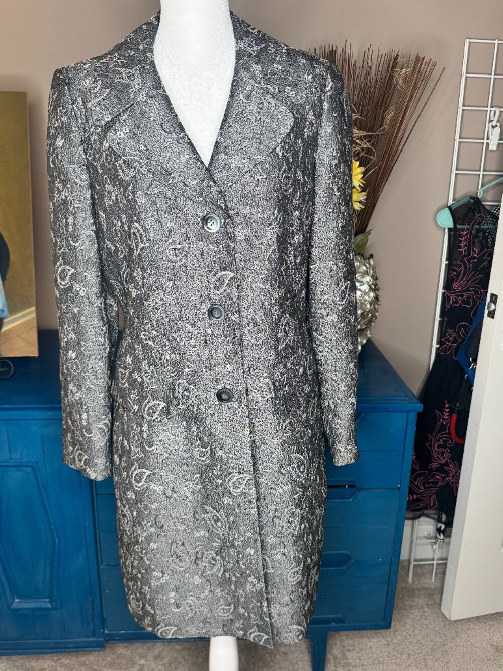 Vintage Kasper Petite Metallic Brocade Tapestry Duster Trench Coat 6P